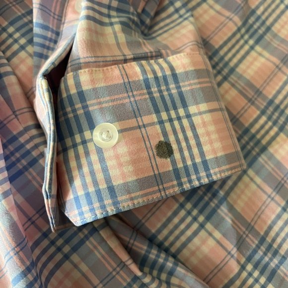 MIZZEN+MAIN Mens Large Pink Blue Plaid Long Sleeve Trim Fit Button Front Shirt - Picture 4 of 7